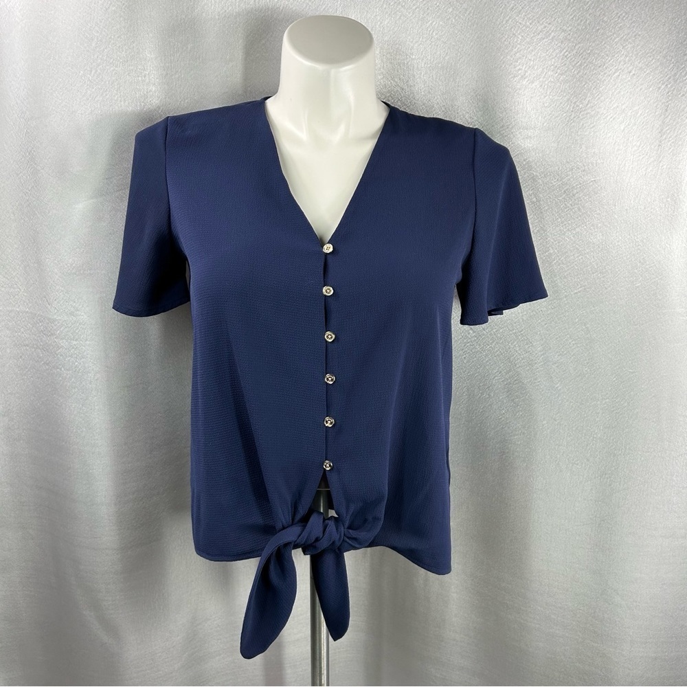 Michael Kors Women's Navy-Blue Button Front Tie Hem Top S